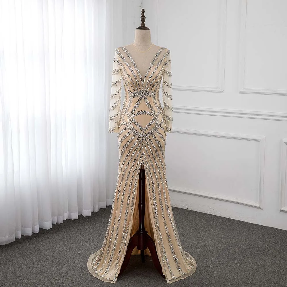 Сексуальное Шампанское вечернее платье со стразами с длинным рукавом официальное платье с юбкой-годе щелевой центр YQLNNE