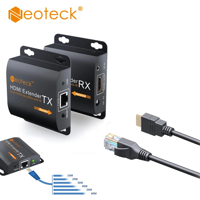 

Neoteck HDMI Extender Adapter 1080P Up to 120M HDMI Transmitter Receiver RX/TX Over CAT6 Cable With IR Cable UK EU Power Supply