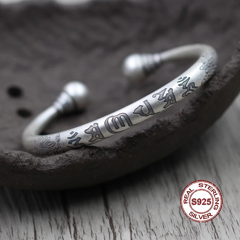 S925 sterling silver open bracelet Personalized classic style Six words mantra Buddhist