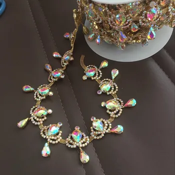 

Top-Grade Crystal AB Rhinestone Cup Chain Waterdrop shape Tassel Gold Base Rhinestone Trim AB Sew on Rhinestones DIY Dress Bags
