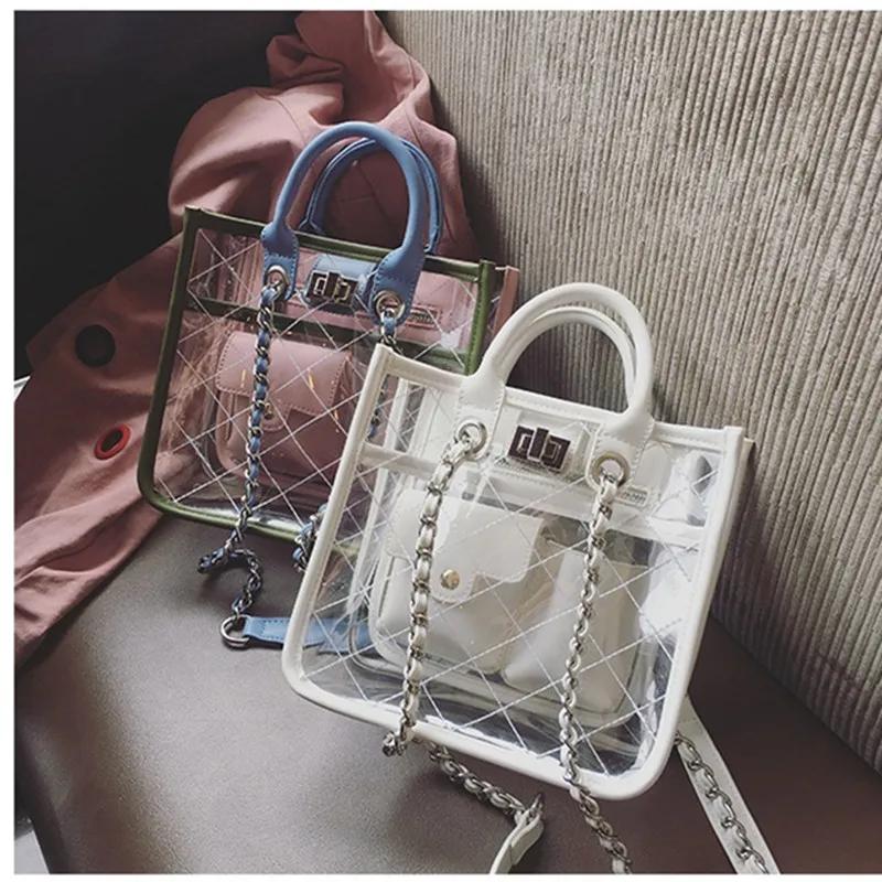 

Brand High Quality Pvc Bucket Bag Summer Beach Big Tote Designer Clear Handbags Transparent Silver Chain 2018 Crossbod