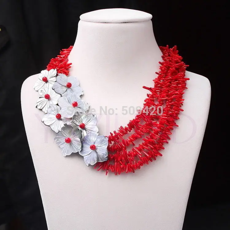 

Wholesale>shell abalone grey flower pendant red coral pin stick women's layer necklace