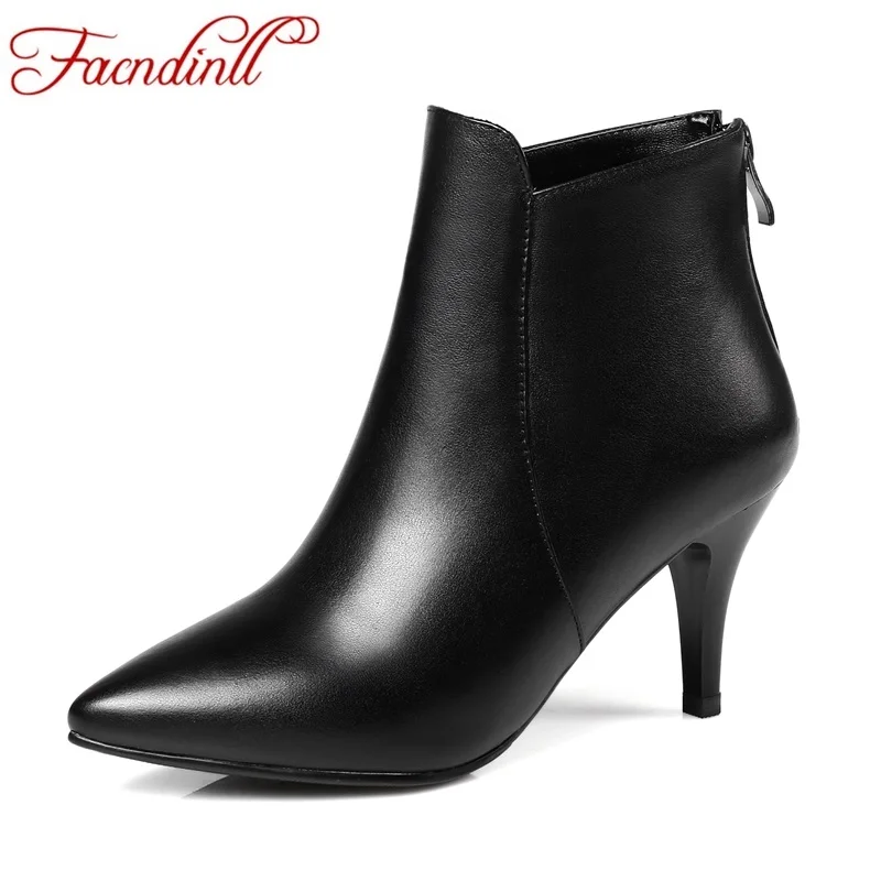 

FACNDINLL new fashion genuine leather shoes woman ankle boots sexy high heels pointed toe women dress party casual riding boots
