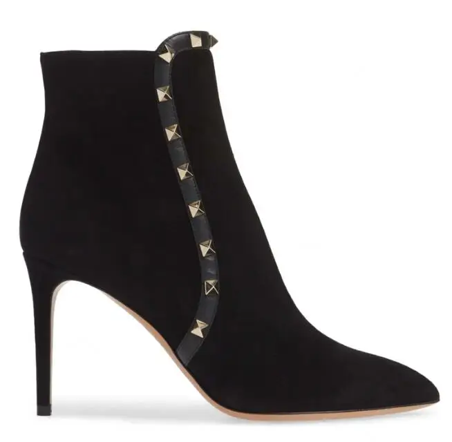 

Carpaton 2018 Fall Winter New pointed side zipper rivets decoration fashion women's shoes real leather fine heel booties black