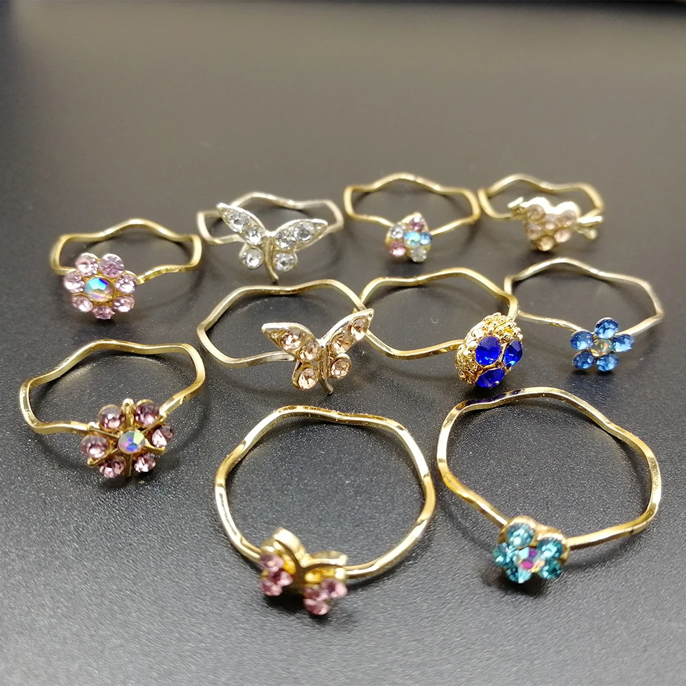 

10pcs Fashion Wholesale Lots Bulk Unique Mixed Shape and Color Rhinestone Gold Color Plated Rings For Women Jewelry