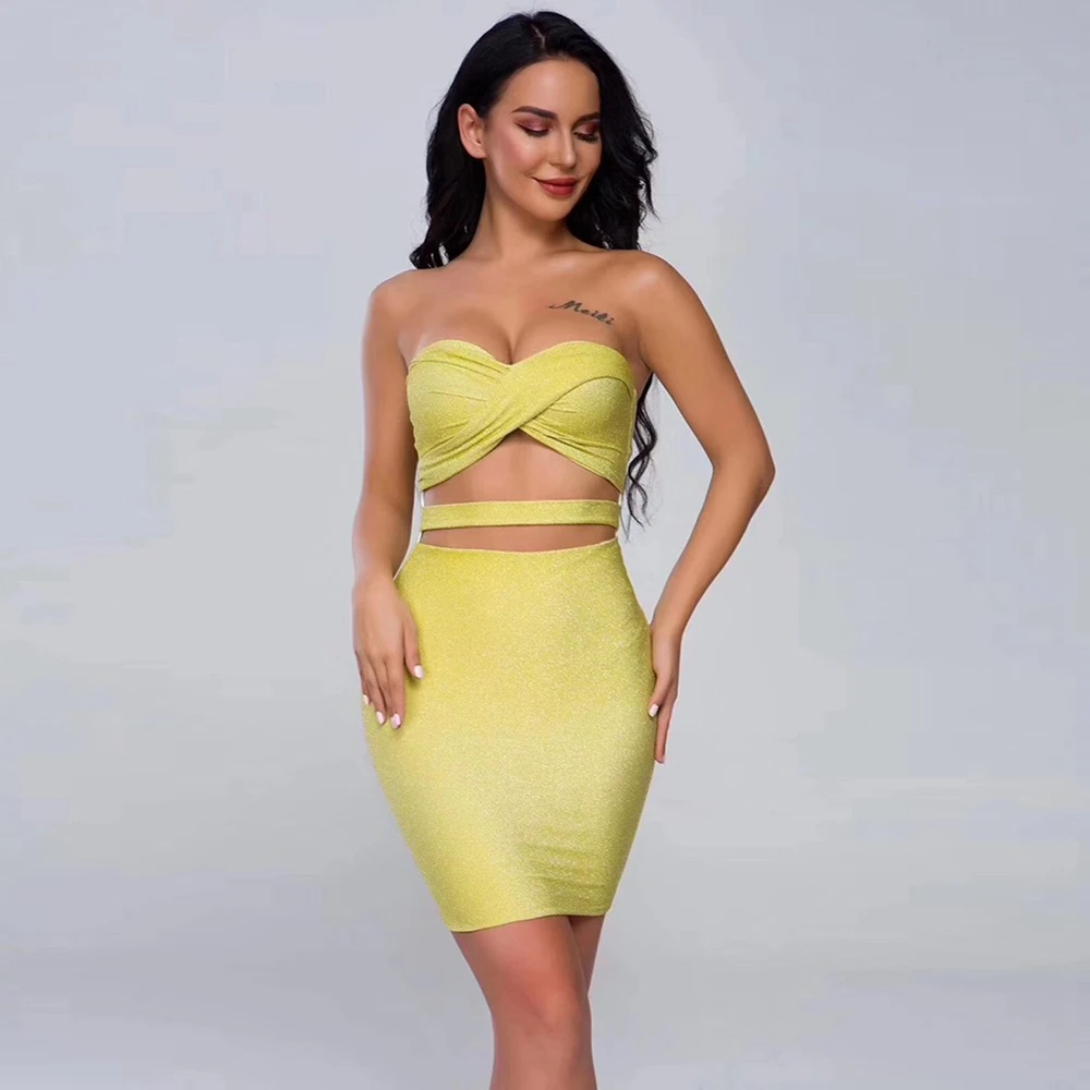 

Ocstrade Yellow Strapless Sleeveless Mini Cutout Bodycon Dress HT0958-Yellow