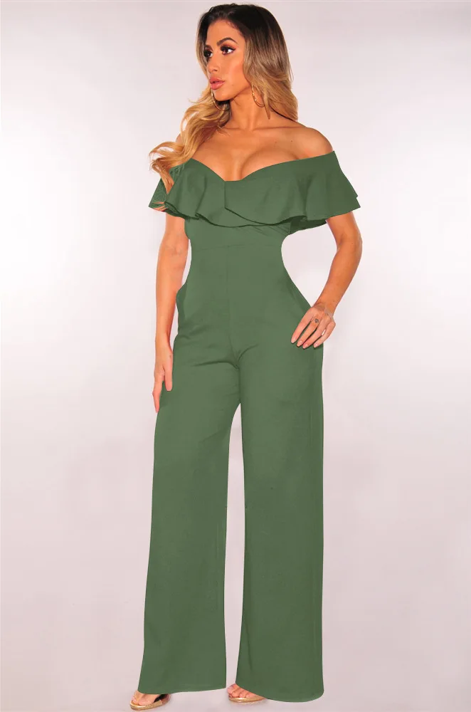 Женские комбинезоны с открытыми плечами и оборками, офисные длинные штаны с карманами, элегантные широкие брюки, боди Mujer Ez - Цвет: army green