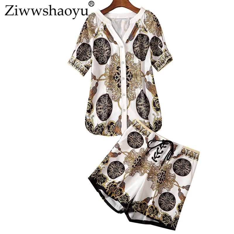 

Ziwwshaoyu Baroque Print Sets V-neck shirt + Drawstring Shorts temperament Slim Sets Spring and summer new women's