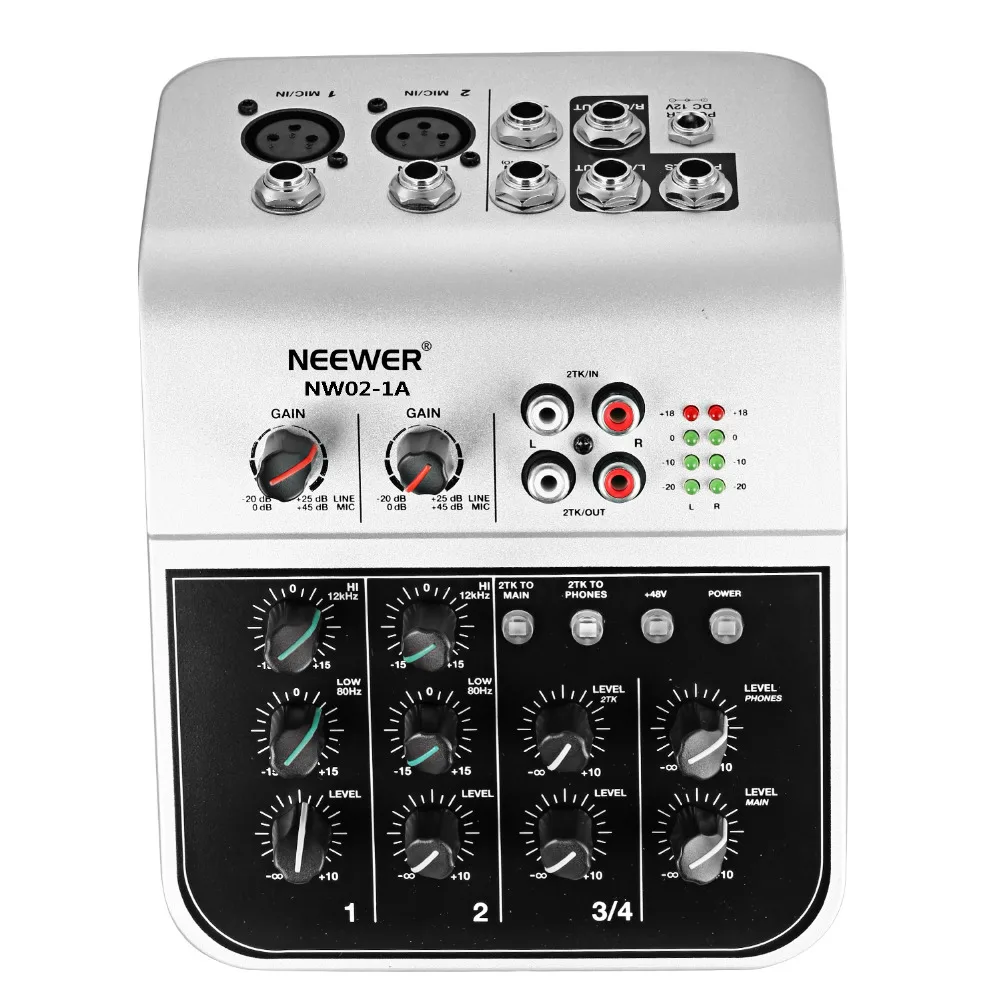 Neewer микшерная консоль Компактный аудио звук 2-микшер каналов для конденсаторного микрофона(NW02-1A) штепсельная вилка США/ЕС