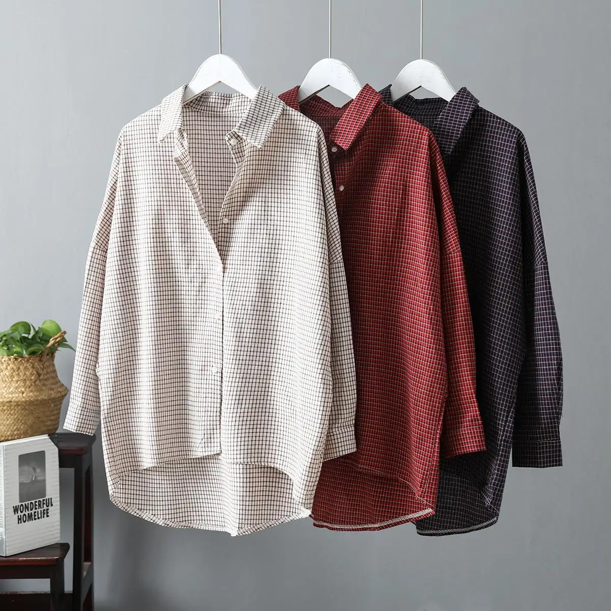 

Vintage Women Cotton Blouses Womens Tops And Blouses Boho Women Plaid Shirts Blusas Roupa Feminina Clothes Tops Loose Shirts