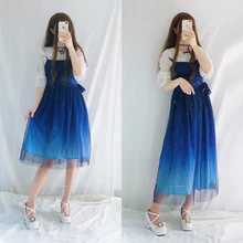 JSK Shinning Stars Lolita Dress Gradient JSK Star Blue Girls Solid Fancy Dress Lace Ruched Pleated Dress With Shirt Set girls lace pleated dress