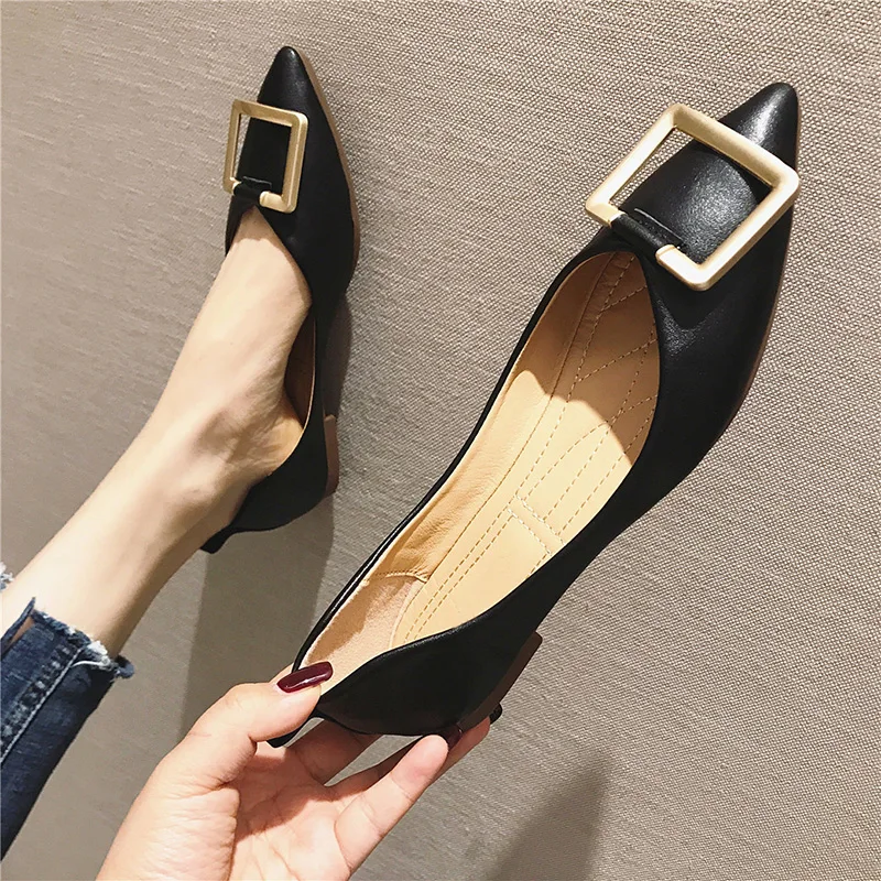 

Fashion Women Flats Shoes Pointed toe 2019 Spring Summer Leather Women Casual Shoes Slip-on Office Ladies Shoes Black A1313
