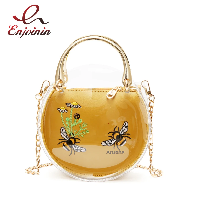 

Embroidered Bee Pattern Round PVC Saddle Bag Metal Handle Casual Totes Shoulder Bag Mini Messenger Bag Pouch Fashion Handbag