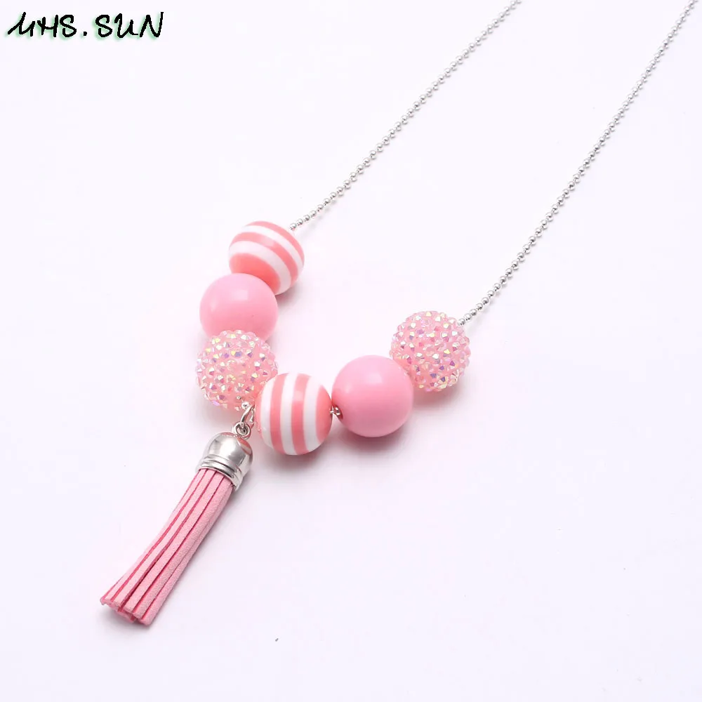BN600-1 (2),$1.8-1PC,50g.Children Chunky Beads Necklace Kids Girls Pink Beads Tassel Pendants Jewelry Toddler Fashion Chunky Bubblegum Necklace 
