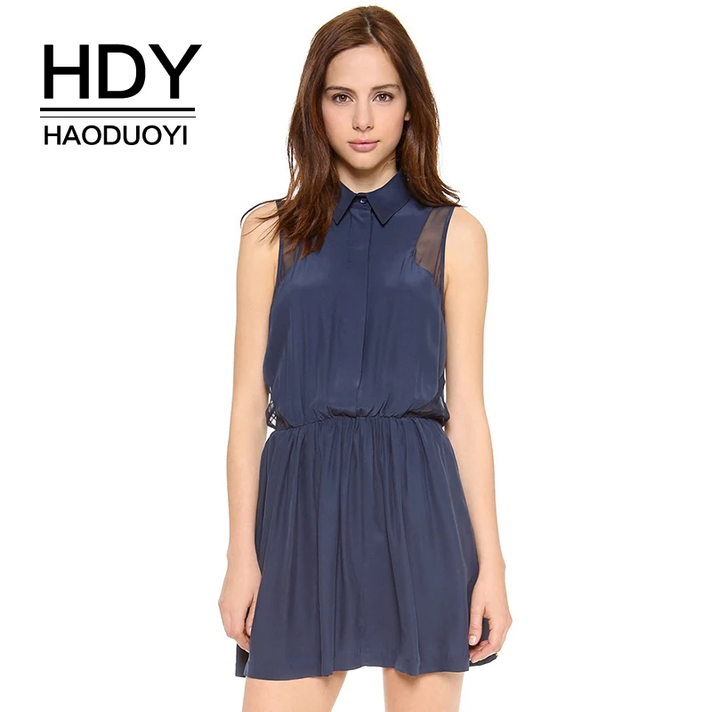 Женское мини платье HDY Haoduoyi синее повседневное Сетчатое из шифона с