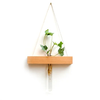 

Wood Glass Test Tube Wall Vase Hydroponic Plant Flower Pot Handmade Jardiniere Home Decor Creative Ornament Pendant