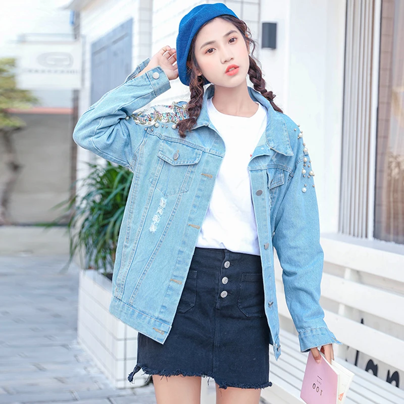 Oversized Womens Jean Jackets Coats Female Fashion Long Sleeve Frayed