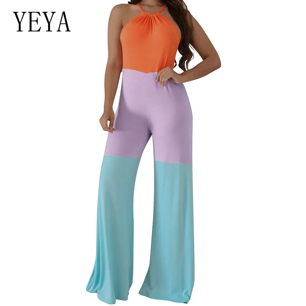 YEYA Fashion 3-color Patchwork Wide Leg Jumpsuits Elegant Sleeveless Halter Loose Playsuits Summer Casual High Street Overalls YEYA Fashion 3-color Patchwork Wide Leg Jumpsuits Elegant Sleeveless Halter Loose Playsuits Summer Casual High Street Overalls