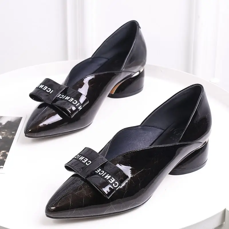 ALLBITEFO/Высококачественная женская обувь из натуральной кожи с острым носком на толстом каблуке; женская обувь на высоком каблуке с бантом; Офисная Женская обувь - Цвет: as picture