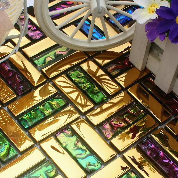 

Iridescent seven color symphony gold electroplate Crystal glass Strip Mosaic Tiles for kitchen backsplash decoration bathroom
