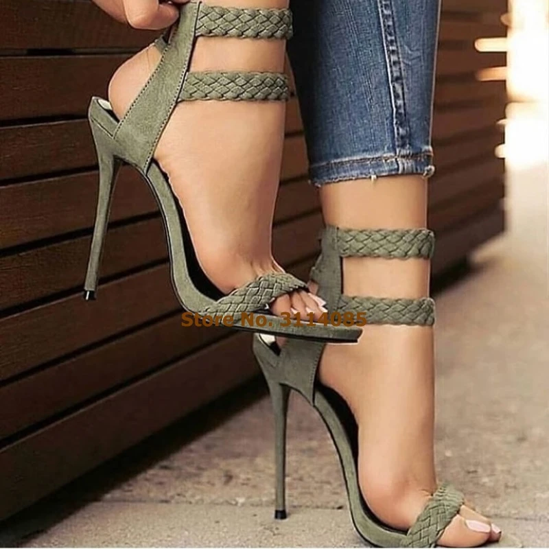 Sandalias de tacón alto con cordones para mujer, zapatos de tacón de aguja trenzado, con correa, color verde militar y novedad|Sandalias de mujer| - AliExpress