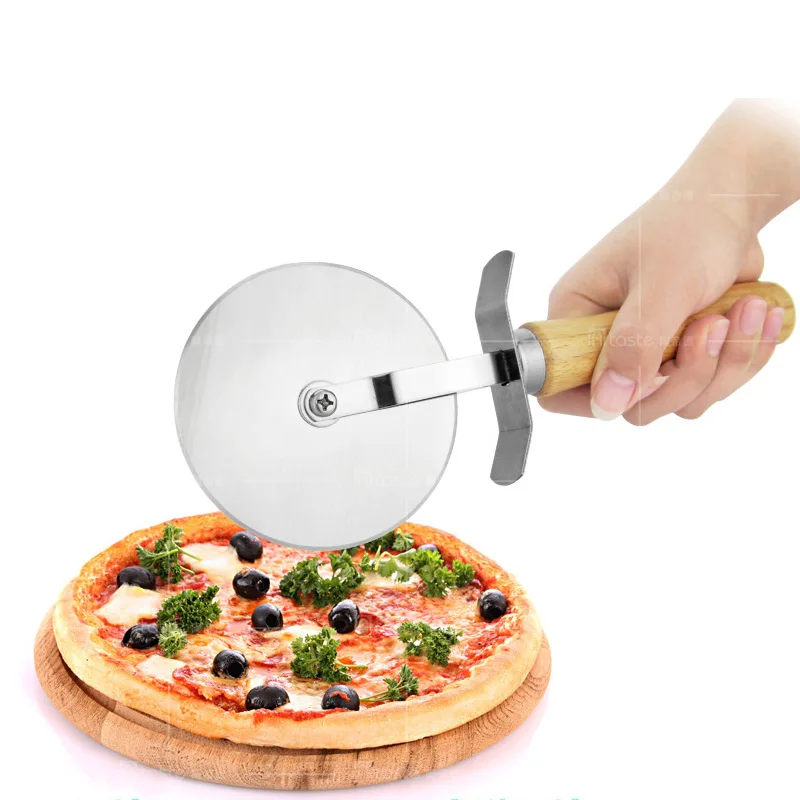 New 1pcs High Stainless Steel Pizza Wheel Slicer Blade Grip w/ Wood