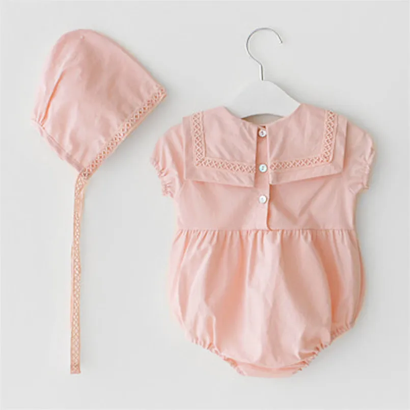 

Summer Newborn Girls Rompers Set Toddler Infant short Sleeve Solid Print Lace Design Romper Jumpsuit with cap children outfits