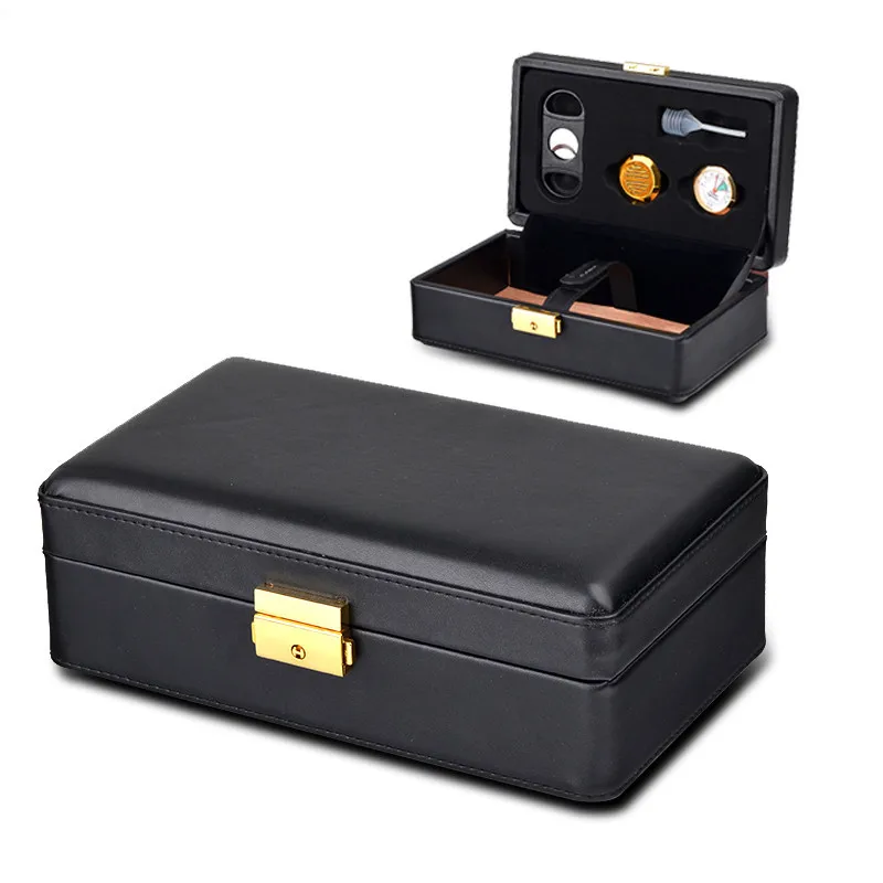 

Portable Travel Use Wooden Lining Black Leather Cigar Humidor W/ Cigar Cutter
