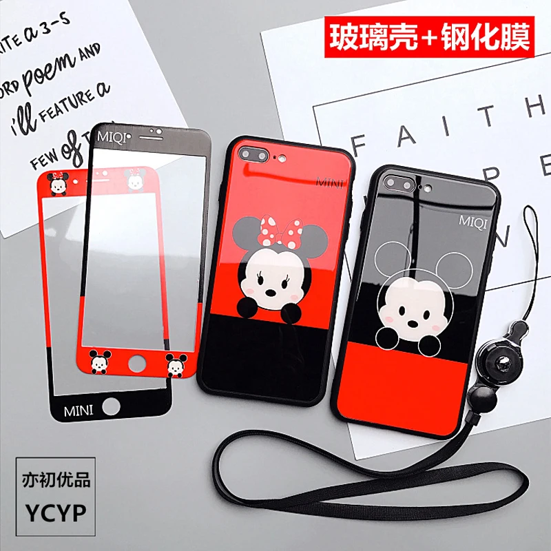 Cute glass case for iPhone 7/8 plus mickey couple shell for X 6 6s cartoon minnie back cover +HD tempered glass screen protector