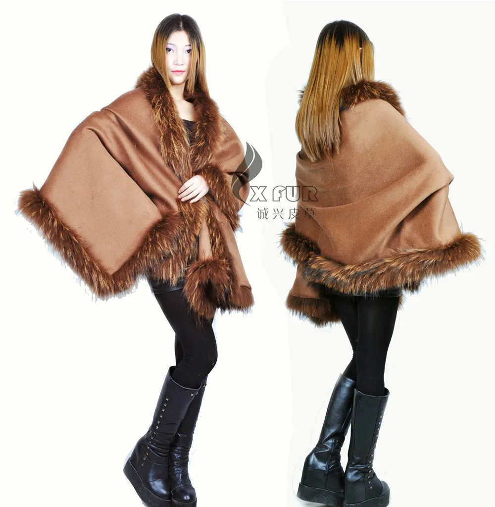 

CX-B-P-26 New Fashion Style wholesale Pashmina Shawl With Raccoon Fur Collar ~DROP SHIPPING
