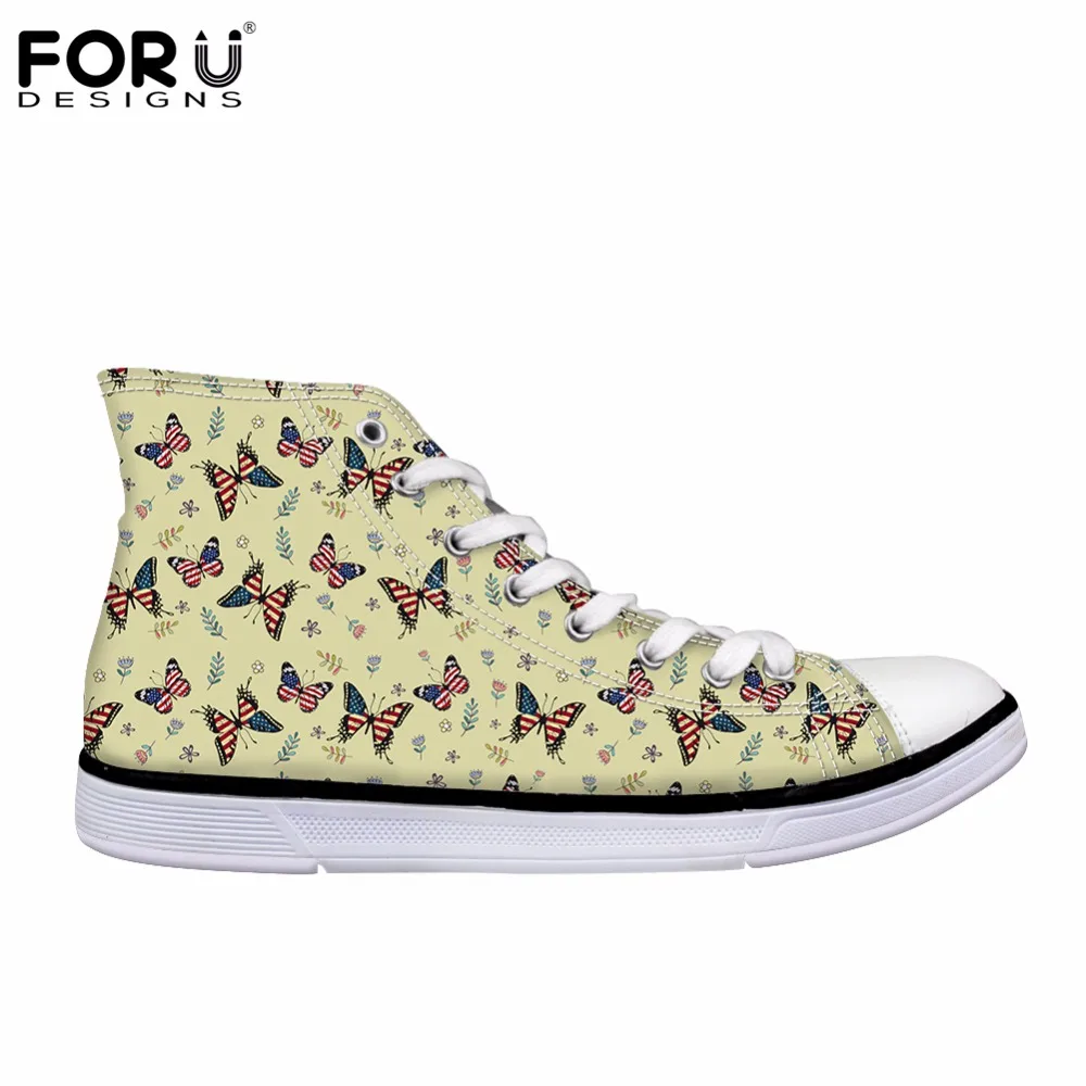 FORUDESIGNS Lace-up Women Vulcanize Shoes 3D Animal Butterfly Prints Women High Top Leisure Canvas Shoes Female Vulcanized Shoe