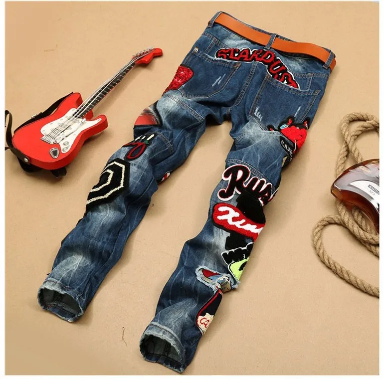 Men's Patchwork Denim Blue Jeans 
