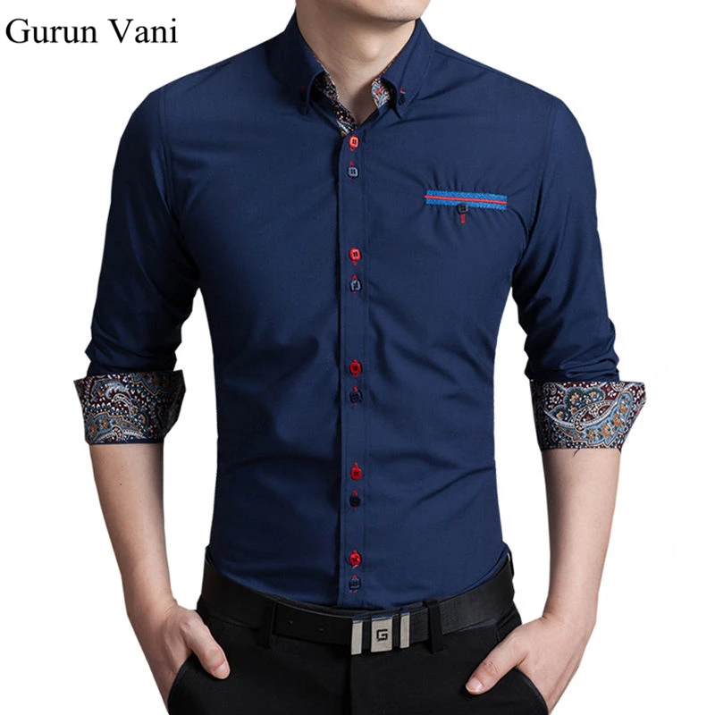 2018 New Mens Long Sleeve Dress Shirts Colored Buttons Modify Fashion