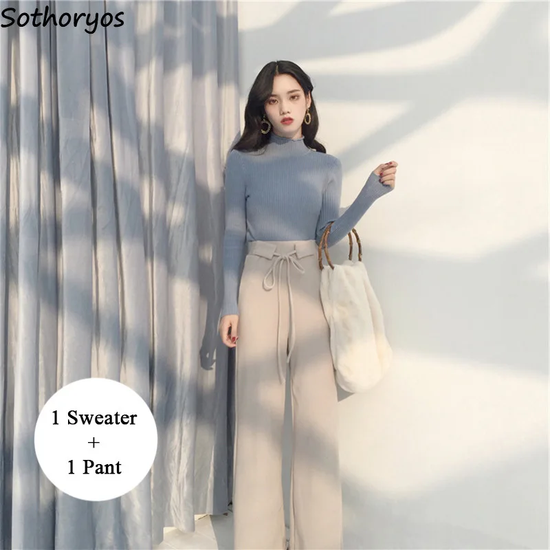 

Women Sets 2019 Winter Turtleneck Elastic Solid All-match Korean Style Clothes Loose Drawstring Trousers Womens Two Piece Set