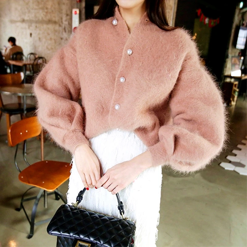 

Chic Pearls Beads Mohair Sweater Women Lantern Sleeved Knitted Cardigan Buckles Sweater Loose Jacket Oversize Sweater Tops SL458