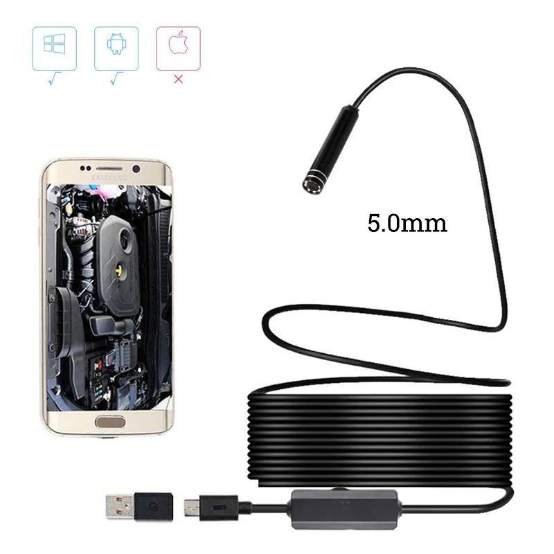 

10m Semi-rigid Endoscope Camera 5.5mm IP67 Waterproof Inspection Borescope Flexible Ear Camera for Android PC 6LEDs Adjustable