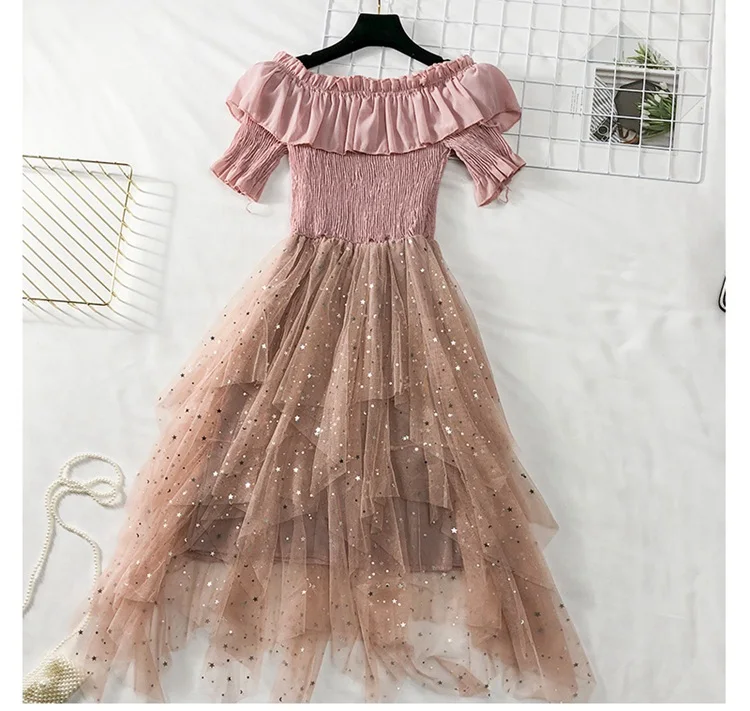 Young Gee, женское летнее милое асимметричное платье с оборками, романтическое платье с вырезом лодочкой, платья для вечеринок в стиле рокабилли - Цвет: Розовый
