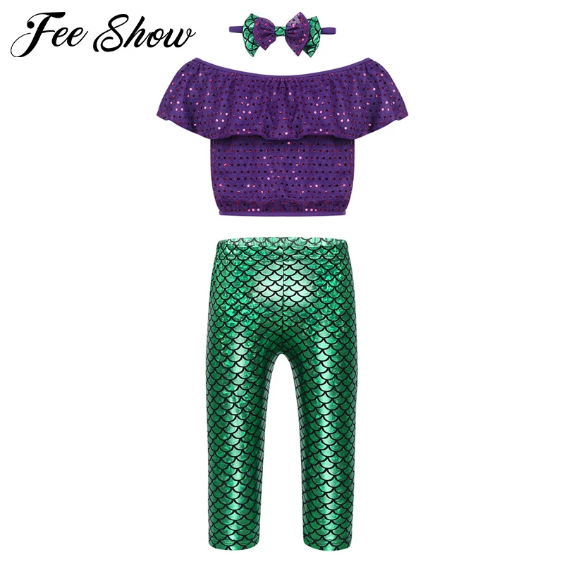 

Toddler Baby Girls Mermaid Outfits Off-shoulder Ruffle Sequins T-shirt Crop Tops Fish Long Leggings Pants Headband Clothing Set