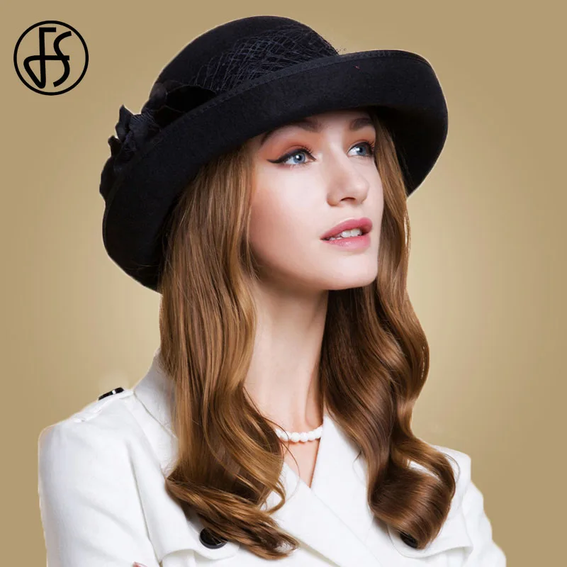 FS estilo británico negro mujer Lana fieltro Fedora gasa con flor de invierno rizo de ala ancha sombrero mujer niñas boda sombreros - 1