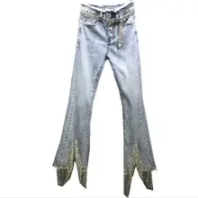 С высокой талией бахромой цепи джинсы со стразами женщин Лето Новая мода Высокая талия обтягивающие расклешенные джинсы