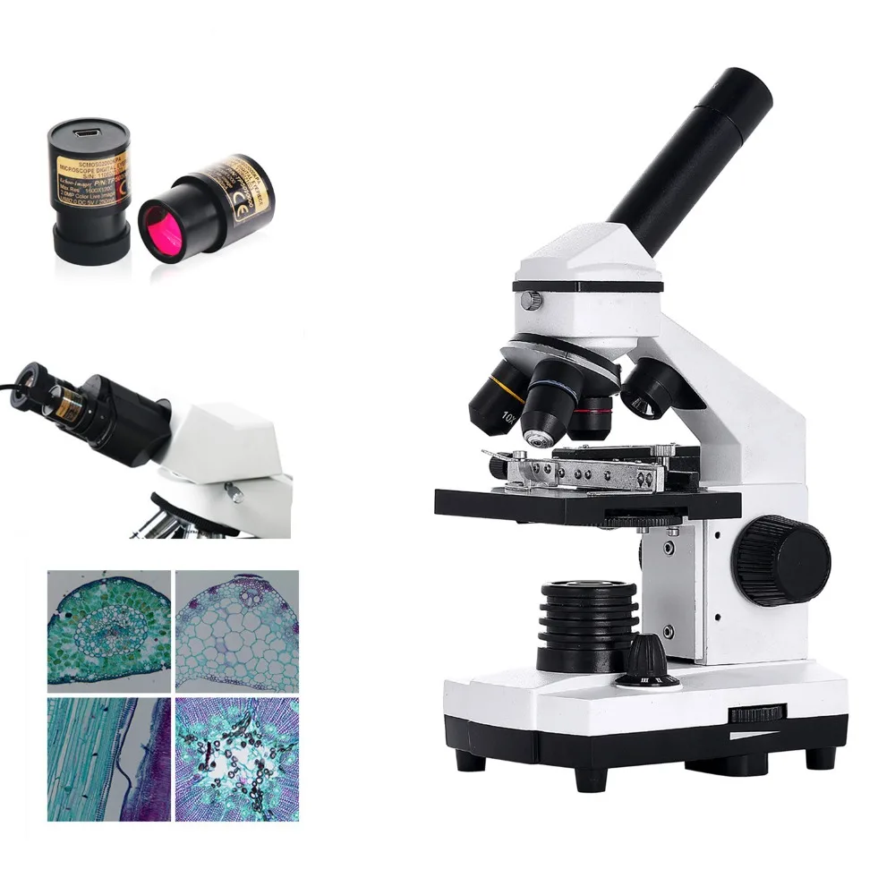 

AMDSP Monocular Biological Microscope 40X-640X with 1.3M Eyepiece Camera Animal Plant Blood Analysis Instrument Microscopes