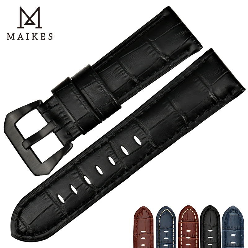 Koop MAIKES Nieuwe Lederen Horloge band 22mm 24mm 26mm Zwart Kalf Koe Horloge Strap Horlogeband Mannen voor Panerai