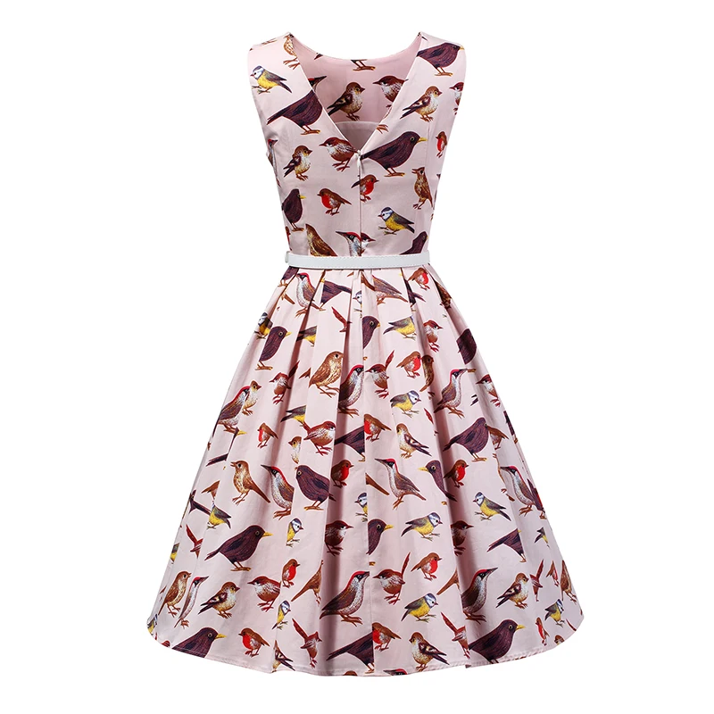 Kostlish 2017 Retro Summer Dress Women Sleeveless A-Line Vintage Dress With Belt Bird Print Ladies Casual Dresses Plus Size 3XL (8)