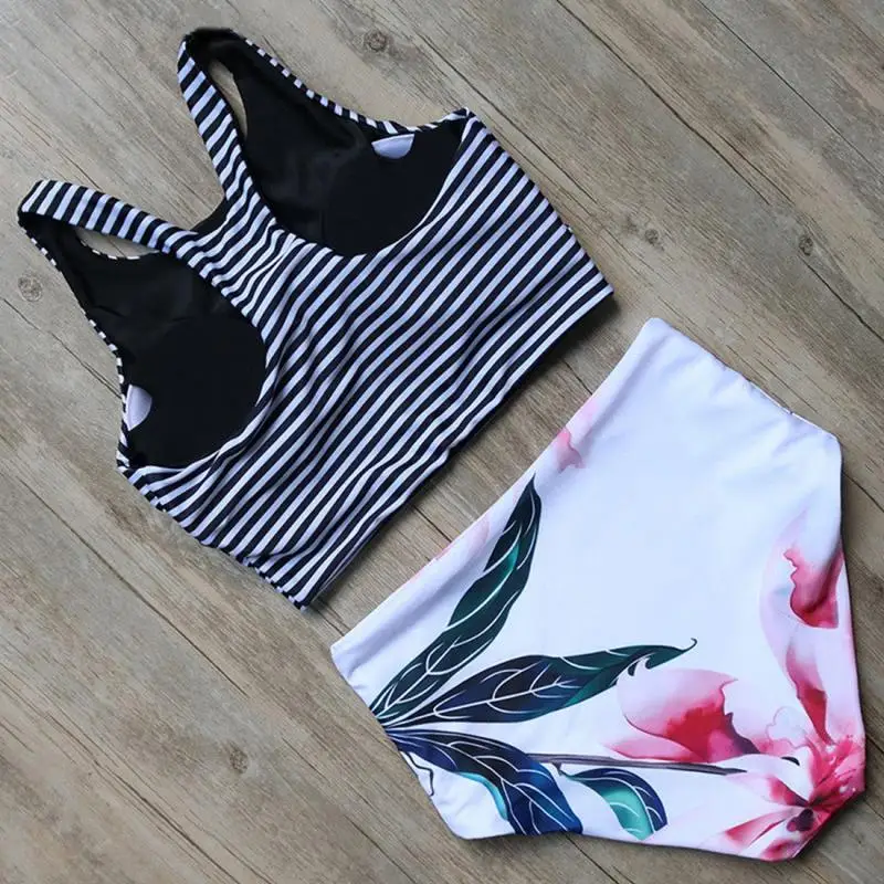 

2018 Summer New Women Striped Crop Top Push Up Padded Bra+Floral Panties Bikini Set High Waist Bathing Suit Swimwear Swimsuit