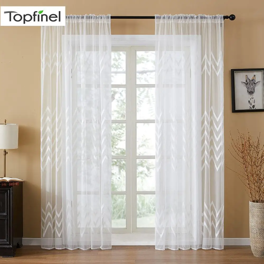 

Topfinel Geometric Wave Embroidered Voile Sheer Curtains White Tulle on Windows for Living Room Bedroom Kitchen Home Decor Panel