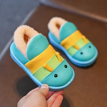 

Children's snow boots boys and girls cartoon caterpillars plus velvet waterproof cotton shoes non-slip student shoes