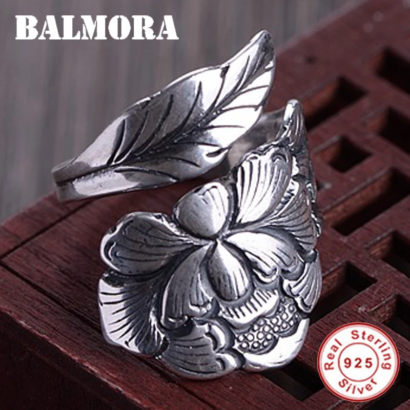

BALMORA 925 Sterling Silver Peony Flower Vintage Open Rings for Women Lady Lover Fashion Thai Silver Jewelry Anillos SY22654
