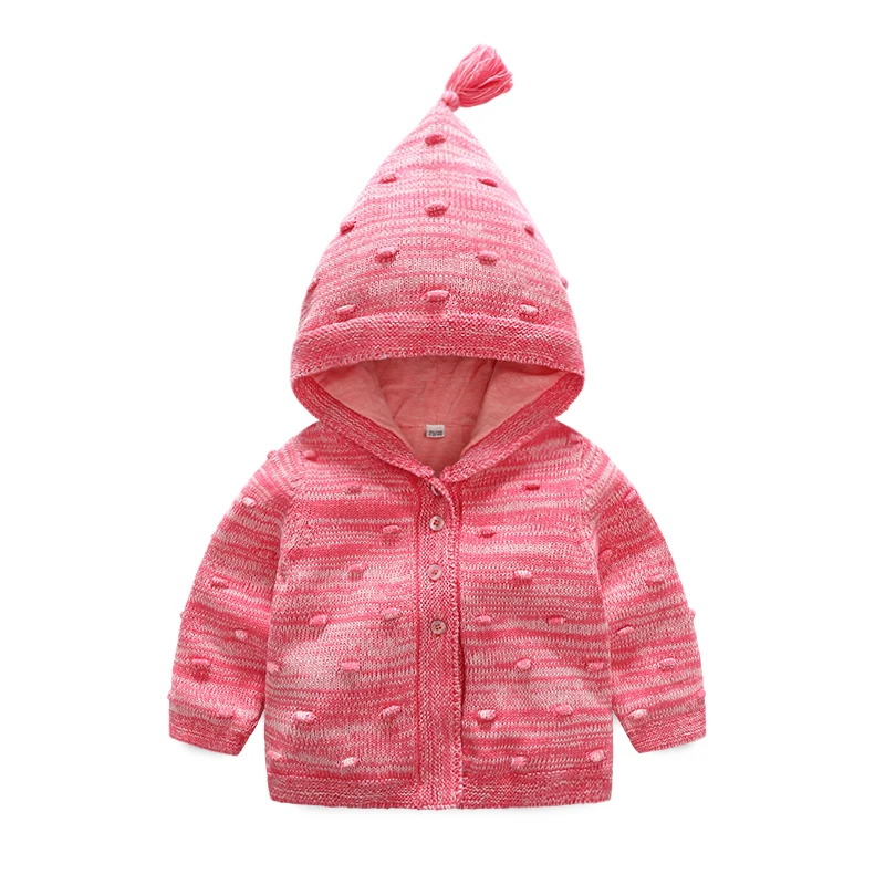 

Spring Autumn Children's Beautiful Hooded Wear, Age For 0-2 Years Old Baby Girl's Pink Double Knitted Sweater With Big Hat Coat.