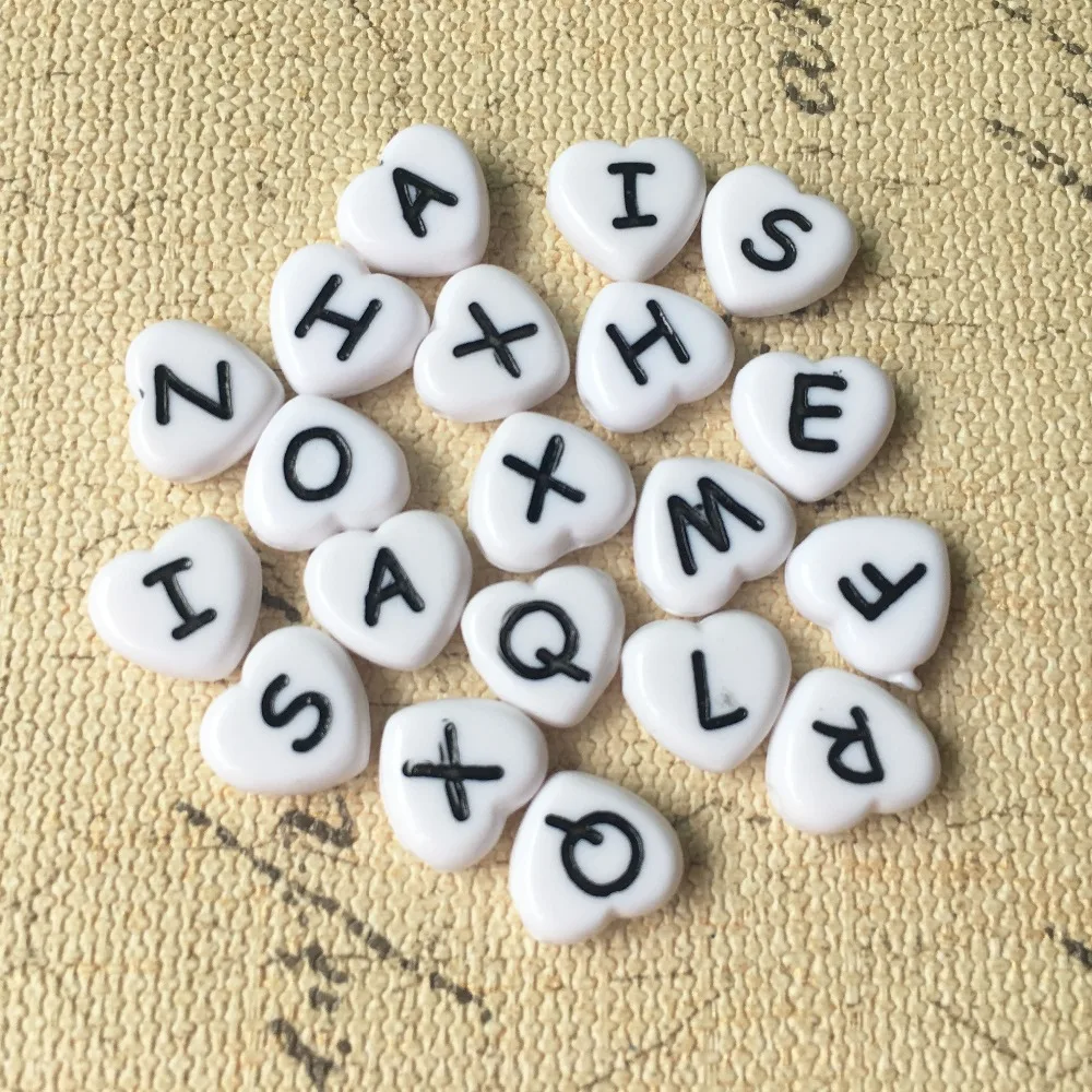 

Wholesale Price 12MM 1200PCS/Lot Love Heart Shape White with Black Printing Alphabet Acrylic Beads Plastic Letter Spacer Beads