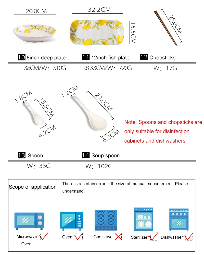 Новое поступление, креативные фарфоровые тарелки с лимонным рисунком, 18 шт., 28 шт., 58 шт., столовые миски, палочки для еды, тарелки, ложка, набор посуды